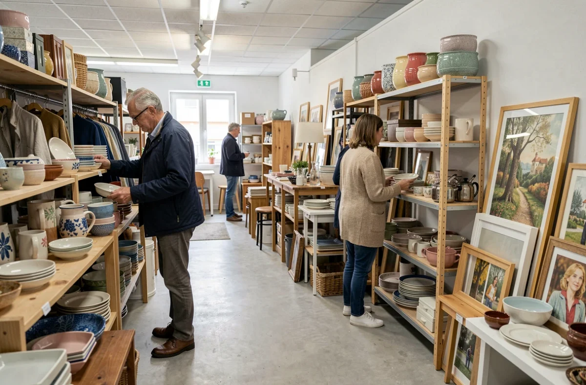 Intérieur du dépôt-vente généraliste Adam et Dorcas dans le Rhône avec des rayons de vêtements, céramiques et meubles d'occasion