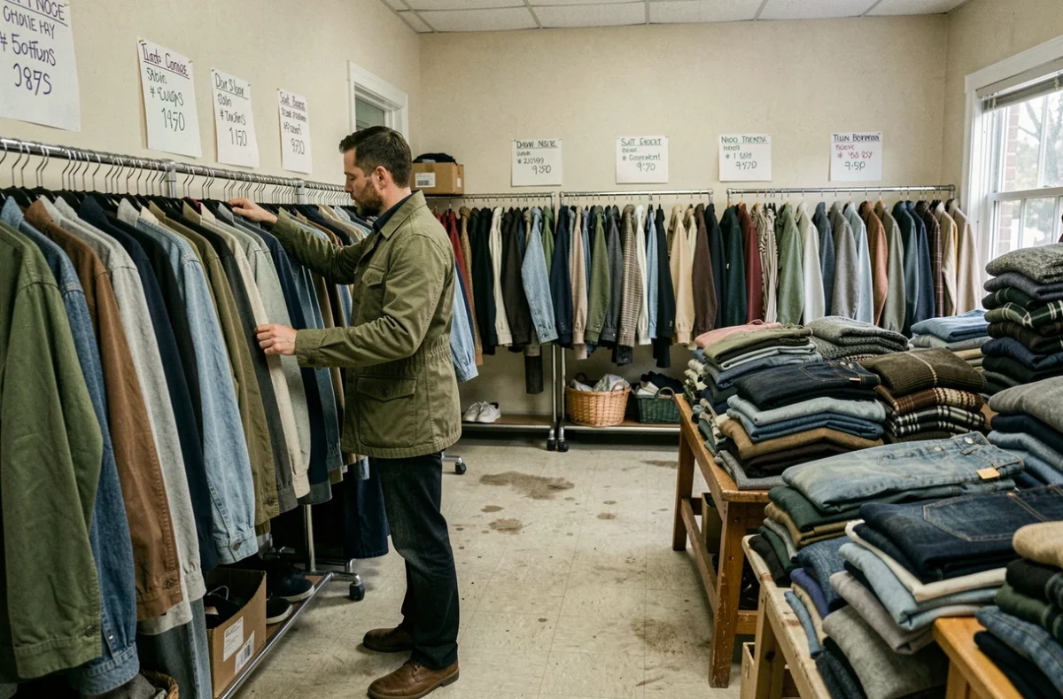 Un homme parcourt tranquillement des vêtements sur des portants dans la friperie Afere à Périers, une boutique de seconde main conviviale et accessible.