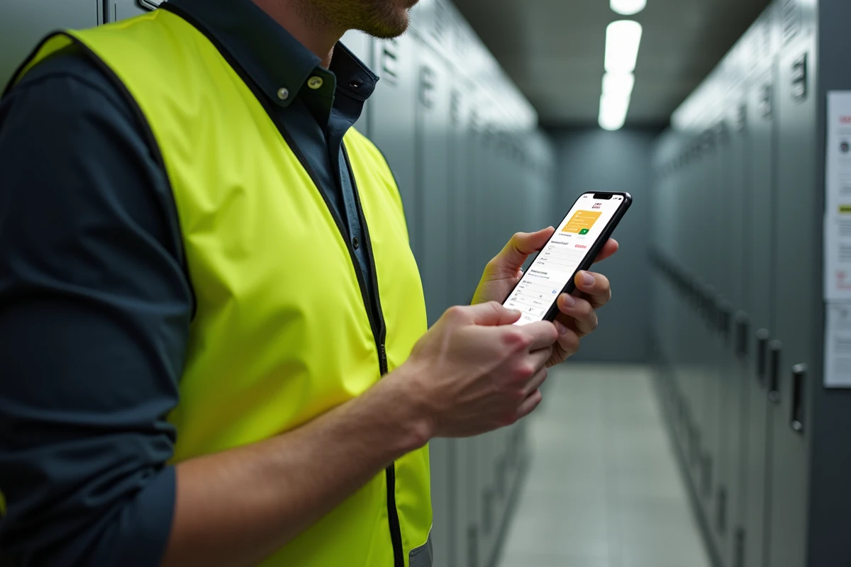 Agent postal consultant le portail Mon habillement La Poste sur smartphone dans un vestiaire pour modifier ses informations