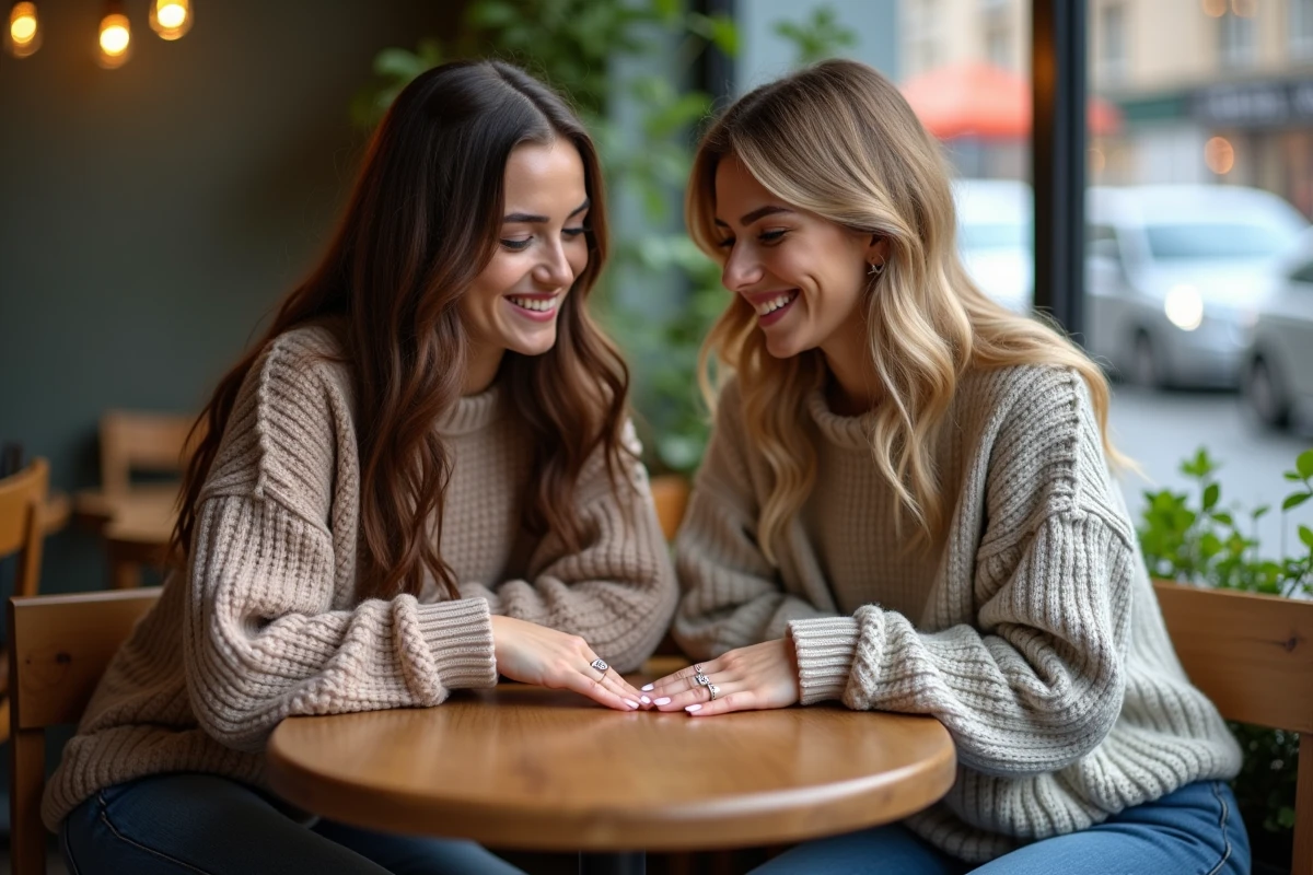 Deux femmes souriantes avec bagues en forme de cœur dans un café