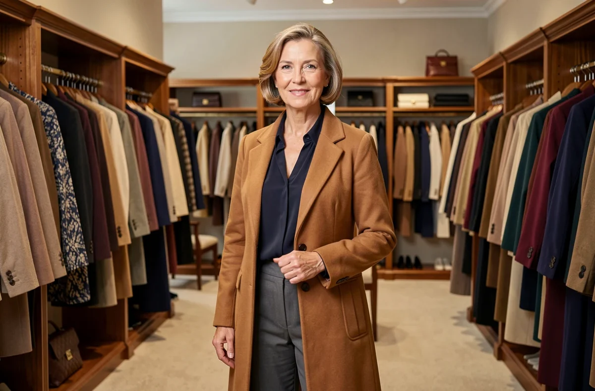 Femme mature élégante en manteau camel dans une boutique Armand Thiery au style classique