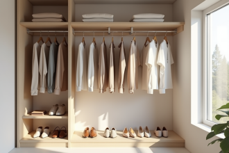 Armoire minimaliste avec vêtements neutres et lumière naturelle