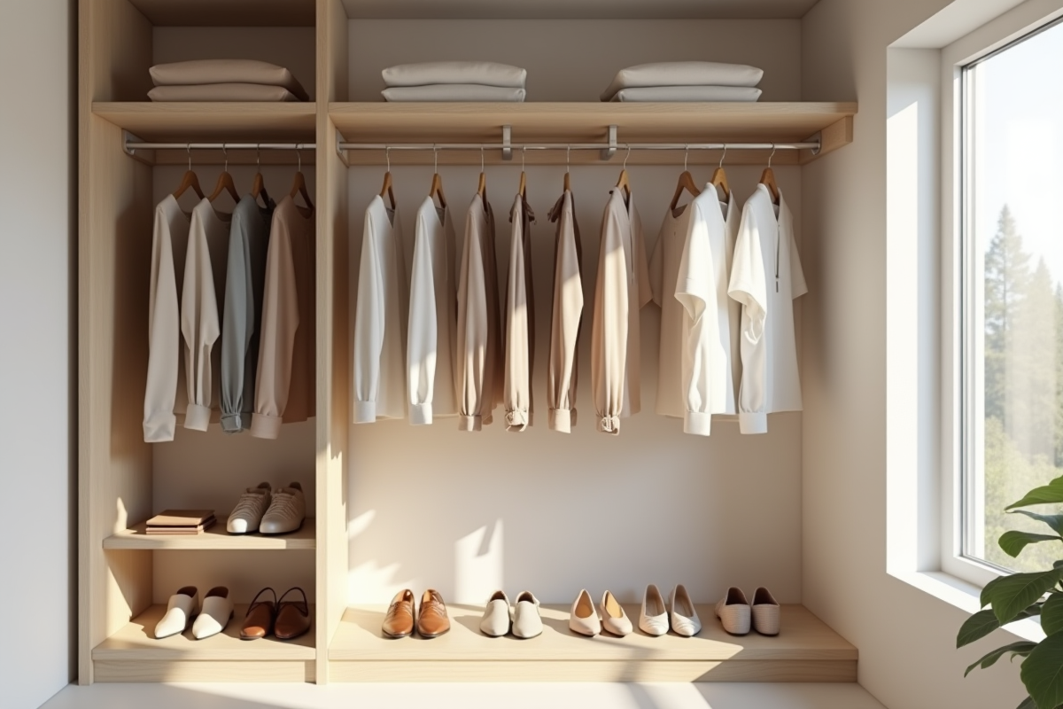 Armoire minimaliste avec vêtements neutres et lumière naturelle