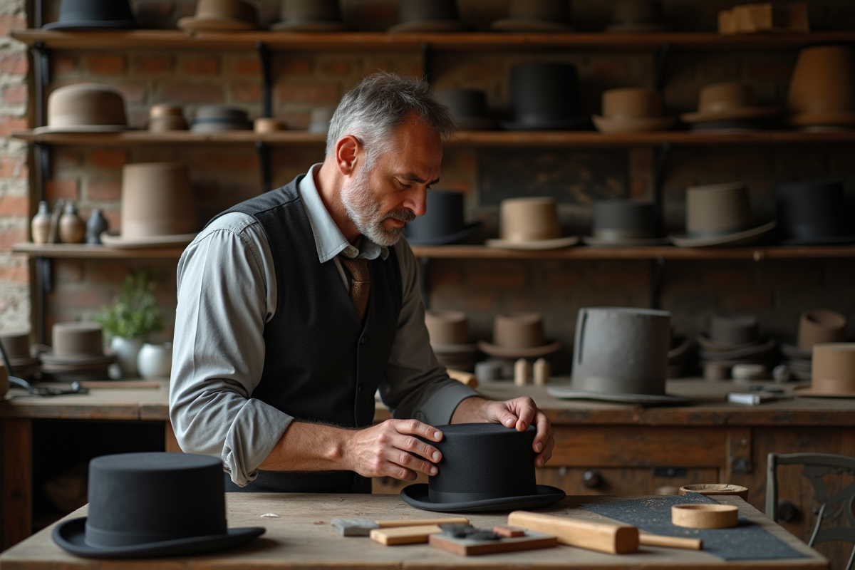 Homme chapeleur en atelier rustique en train de façonner un chapeau