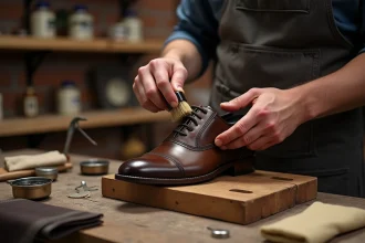 Artisan cirant une chaussure oxford en cuir marron avec une brosse et du cirage, sur un établi en bois de cordonnerie