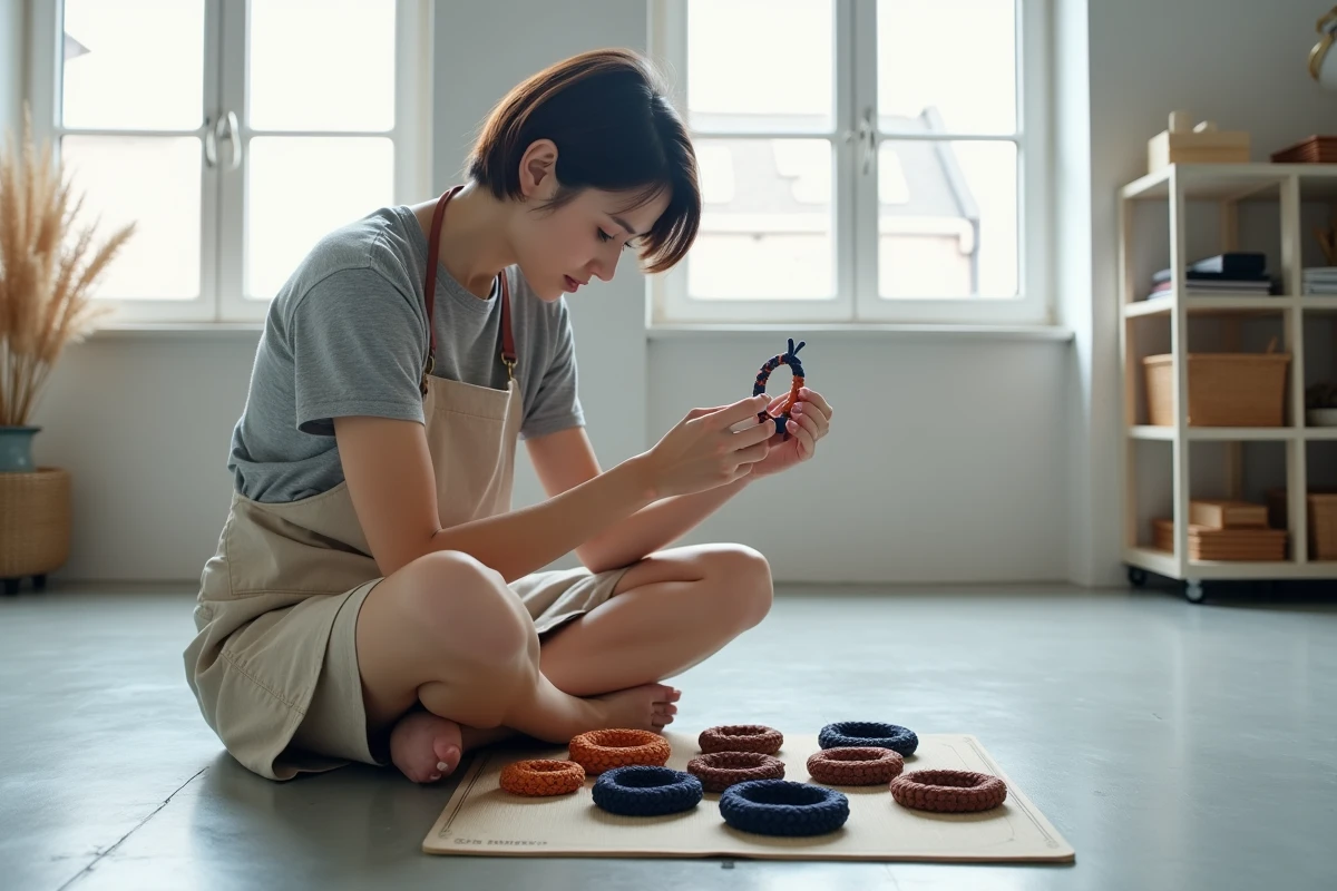 Femme artisane examinant un bracelet en paracord bleu marine et orange avec différents nœuds dans un studio minimaliste
