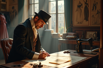 Atelier de tailleur parisien du 19e siècle avec homme dessinant des robes