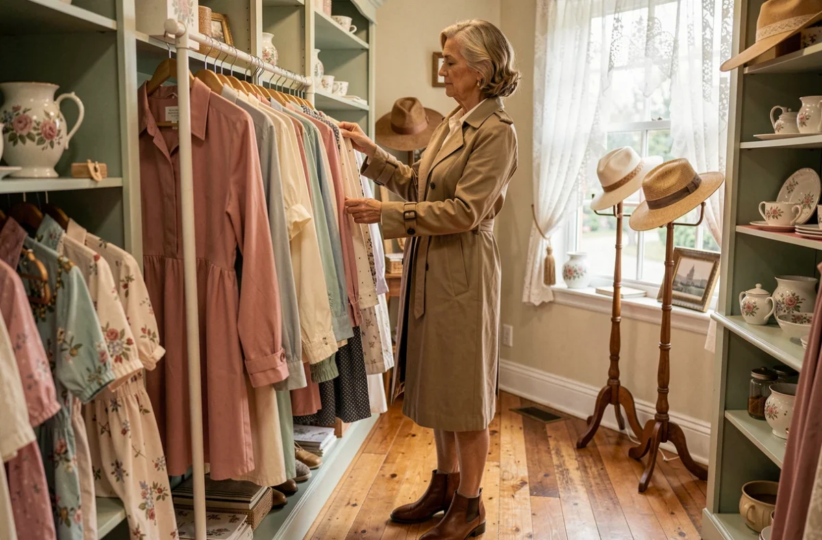 Une femme élégante choisit un chemisier vintage dans la friperie Au Bonheur des Dames à Granville, boutique au charme normand avec des présentoirs raffinés et un décor féminin.