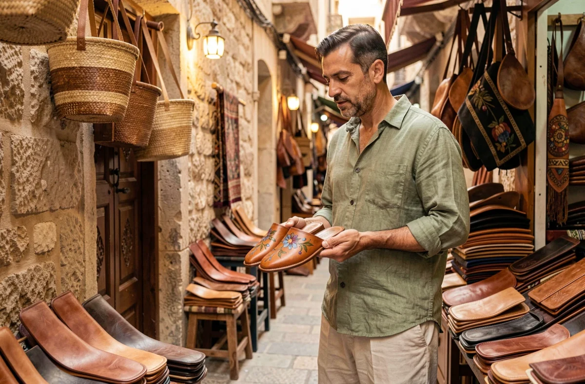 Homme en lin sauge tenant des babouches en cuir cognac artisanales dans un souk marocain authentique