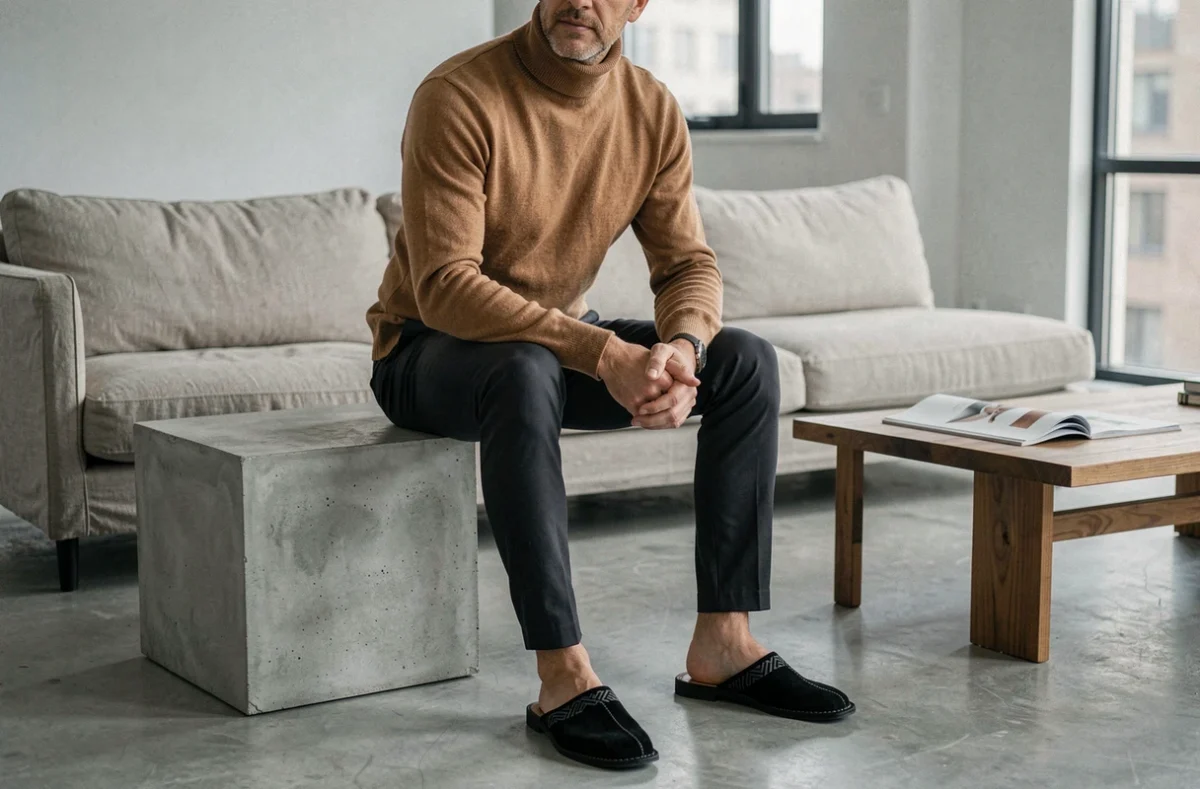 Homme stylé en chinos sombres portant des babouches en daim noir dans un appartement contemporain au design épuré