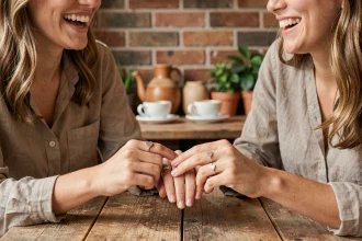 Deux amies portant une bague cœur magnétique BFF argentée qui se connectent en se tenant la main dans un café chaleureux