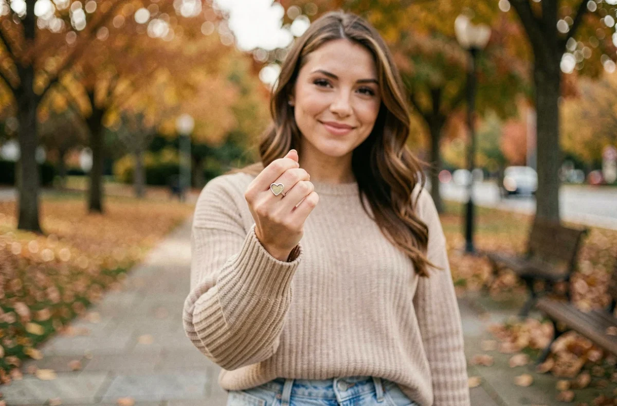 Jeune femme tenant une bague cœur magnétique BFF argentée en plein air dans un parc en automne