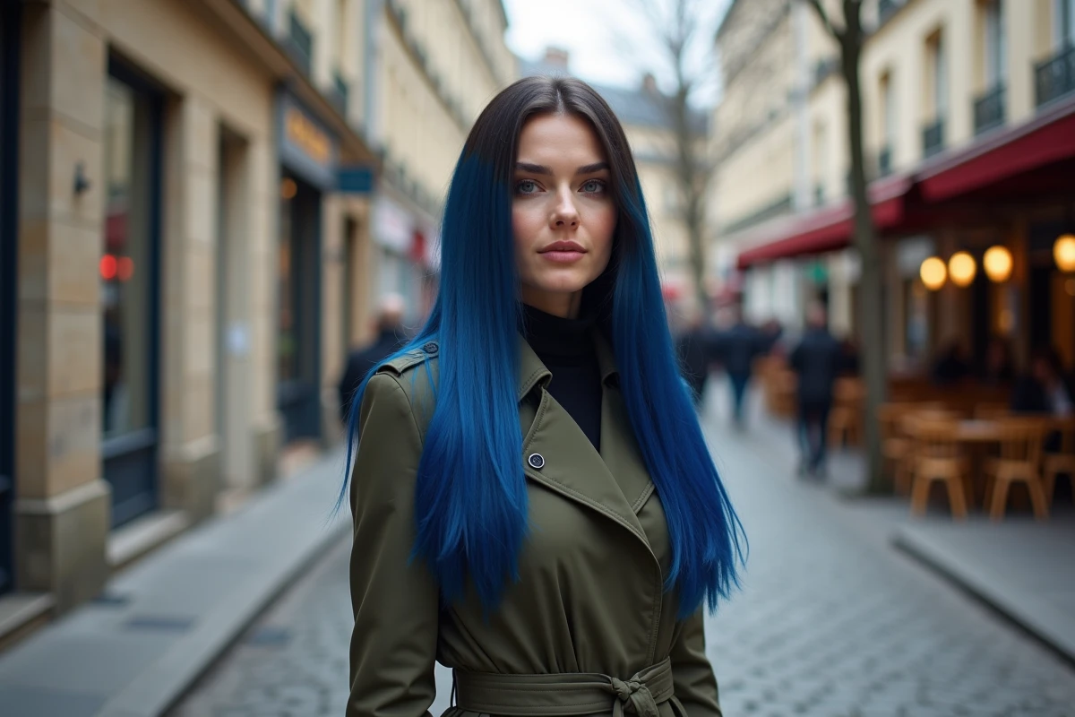 Femme aux cheveux bleu cobalt en balayage portant un trench olive dans une rue pavée parisienne en automne