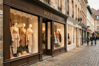 Rue commerçante du Doubs avec des boutiques de prêt-à-porter féminin aux vitrines élégantes