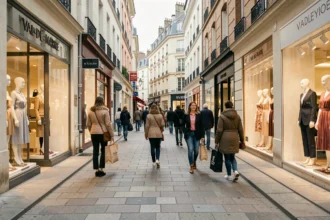 Vue d'une rue commerçante animée du Val-de-Marne avec des boutiques de prêt-à-porter féminin