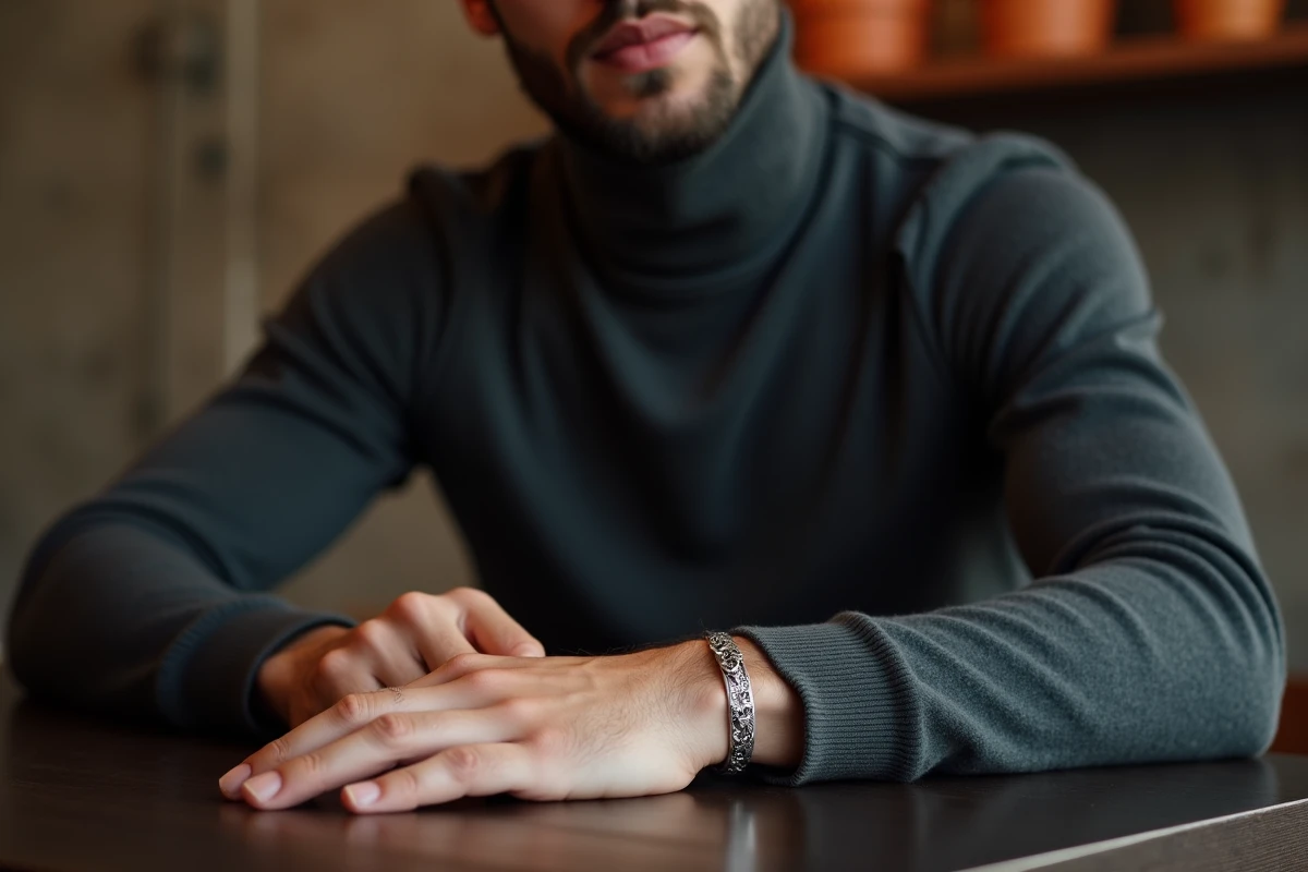 Homme portant un bracelet argent discret avec motif dragon gravé, style minimaliste masculin élégant