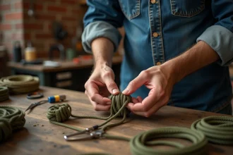 Mains masculines nouant un bracelet en paracord vert olive avec nœud cobra sur un établi en bois rustique