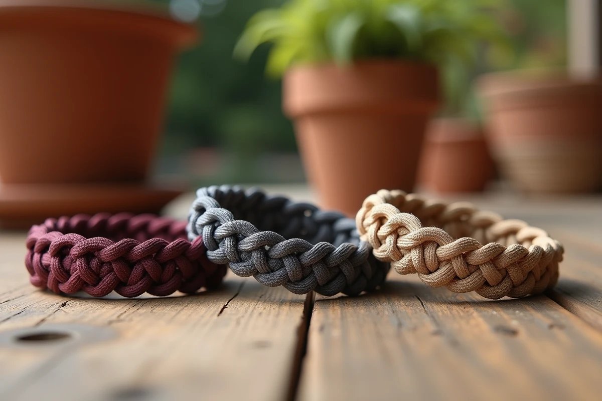 Trois bracelets en paracord avec nœuds différents carrés tresse queue de poisson et Solomon bar disposés sur une table en chêne vieilli