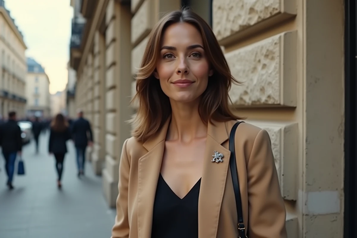 Femme en blazer sable avec une broche dragon émaillée sur le revers, look minimaliste chic en contexte urbain
