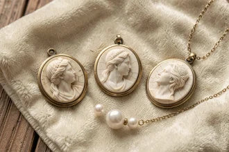 Camées vintage et pendentif en nacre disposés sur velours crème, détails sculptés en gros plan