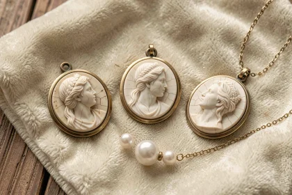Camées vintage et pendentif en nacre disposés sur velours crème, détails sculptés en gros plan