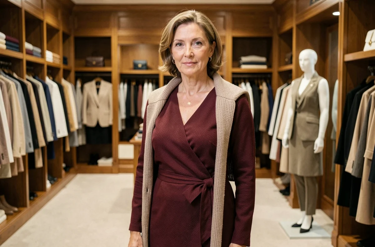 Femme élégante en robe portefeuille bordeaux dans l'ambiance intemporelle d'une boutique Caroll