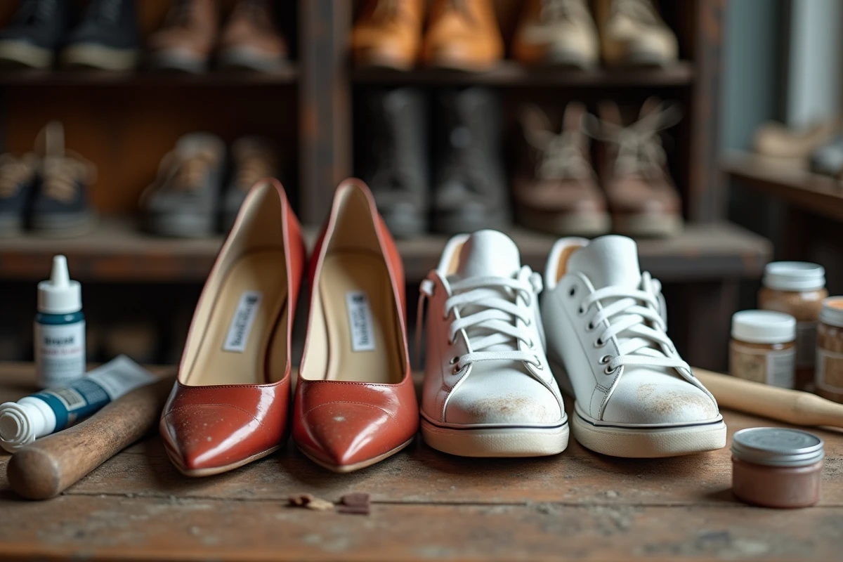 Talons aiguilles et sneakers usés posés sur un établi de cordonnier avec des outils de réparation de chaussures