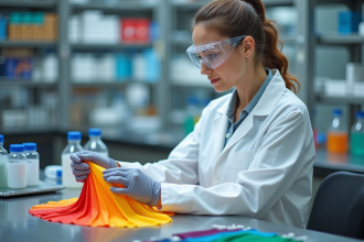 Femme en blouse blanche examine des échantillons textiles colorés