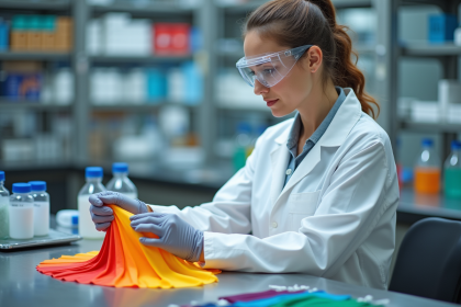 Femme en blouse blanche examine des échantillons textiles colorés