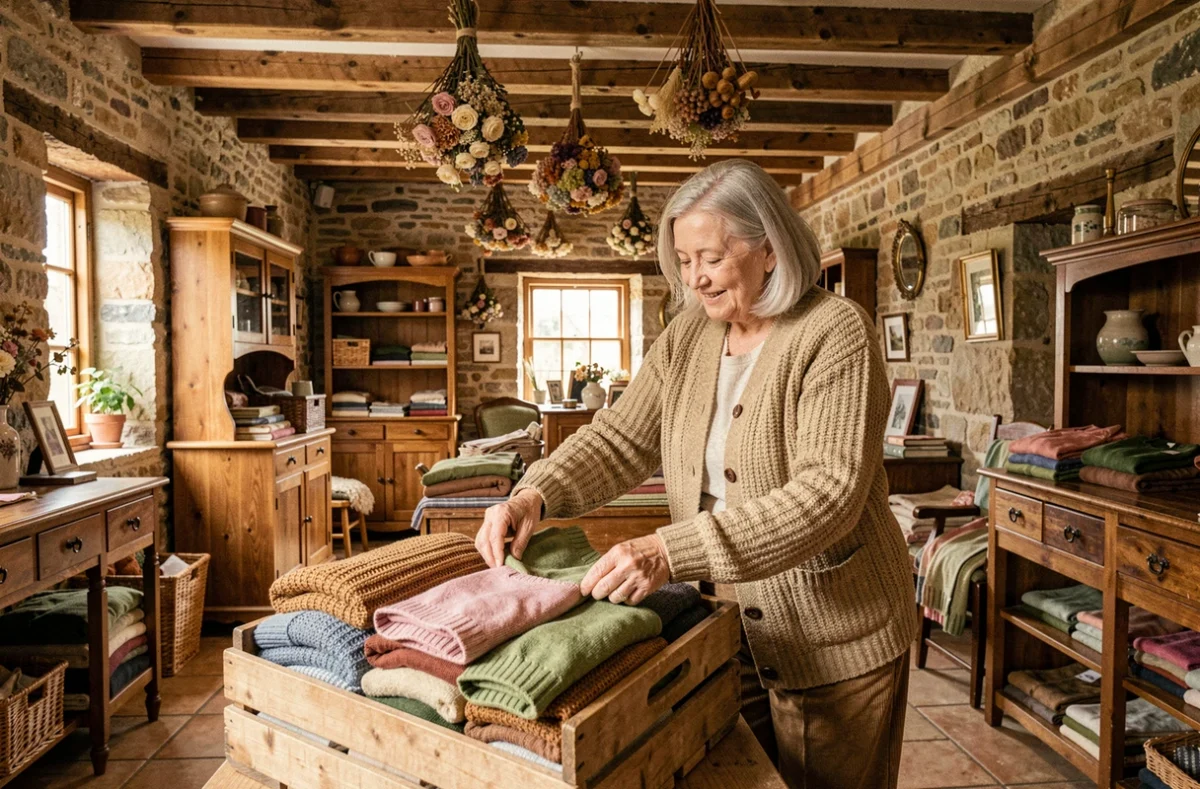 Une femme aux cheveux argentés trie des pulls vintage dans la friperie Chez Mimile à Dragey-Ronthon, boutique rustique avec poutres apparentes et murs en pierre.