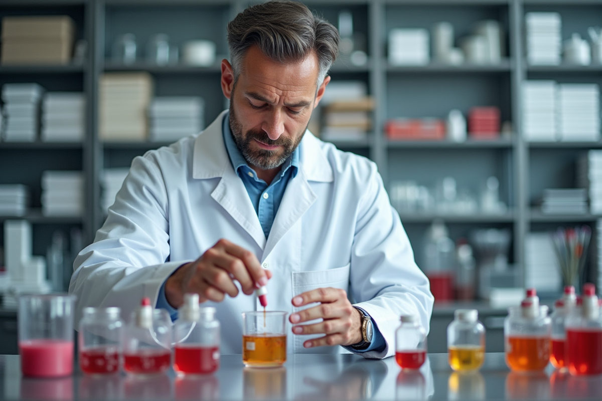 Chimiste en laboratoire préparant des composants de lipstick