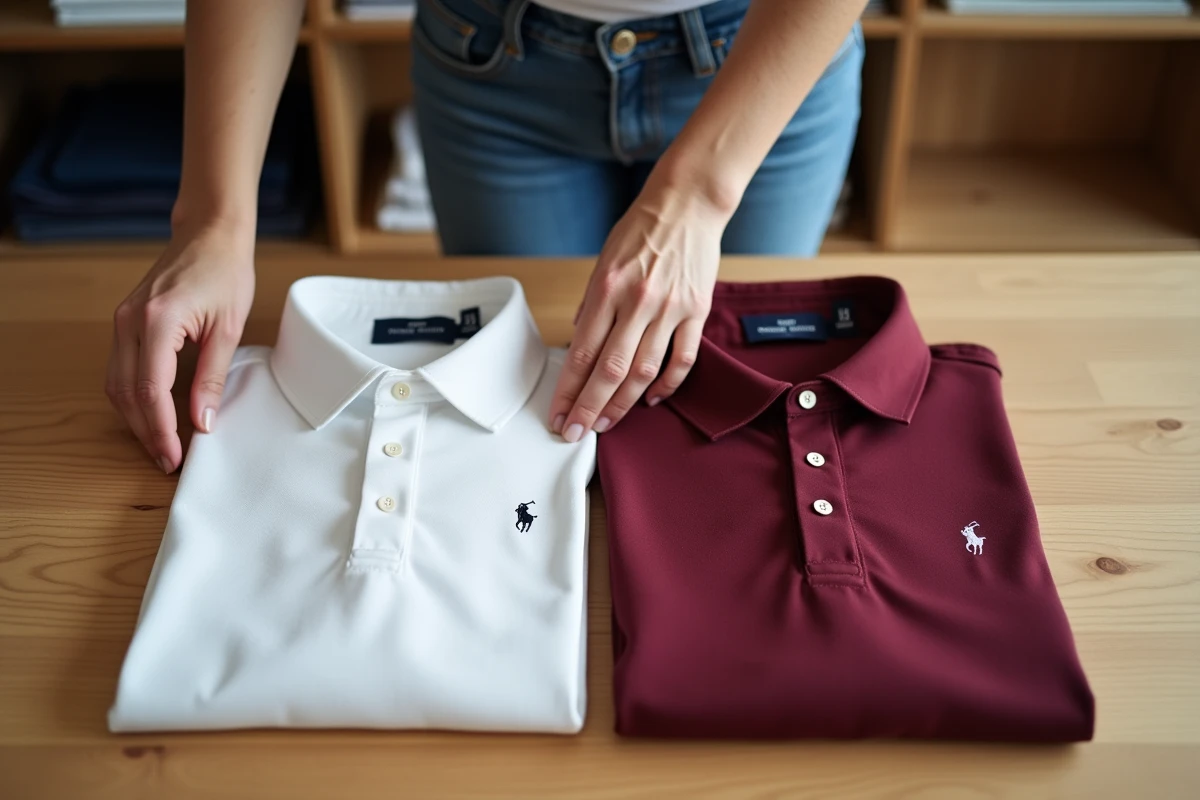 Femme comparant deux polos de marque avec logo cheval dans une boutique haut de gamme