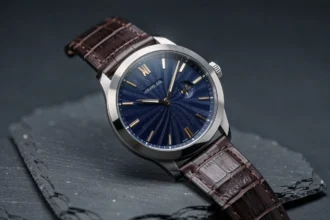 Montre mécanique de luxe Chronofixe Magister posée sur ardoise sombre, cadran bleu guilloché avec détails dorés et bracelet en crocodile marron, photographie macro éditoriale horlogerie