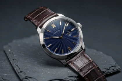 Montre mécanique de luxe Chronofixe Magister posée sur ardoise sombre, cadran bleu guilloché avec détails dorés et bracelet en crocodile marron, photographie macro éditoriale horlogerie