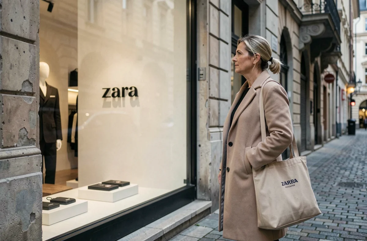 Femme cliente fidèle de Zara regardant la vitrine vide d'un magasin en cours de fermeture dans une rue commerçante