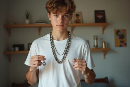Adolescent comparant un gros collier métallique surdimensionné avec un pendentif discret en acier dans sa chambre