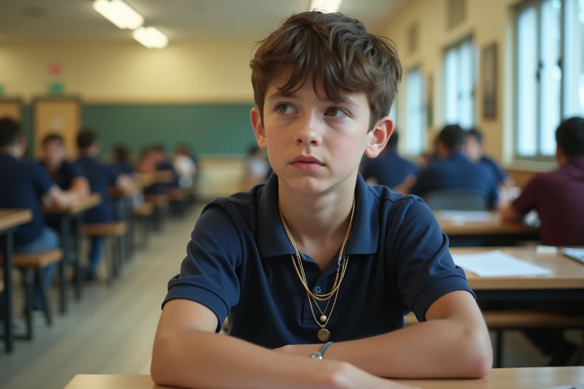 Ado portant plusieurs colliers superposés et dépareillés à la cafétéria de l'école, illustrant une erreur de style courante