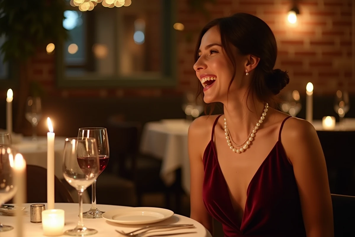 Femme en robe bordeaux portant un collier de perles blanches lors d'un dîner romantique de Saint-Valentin