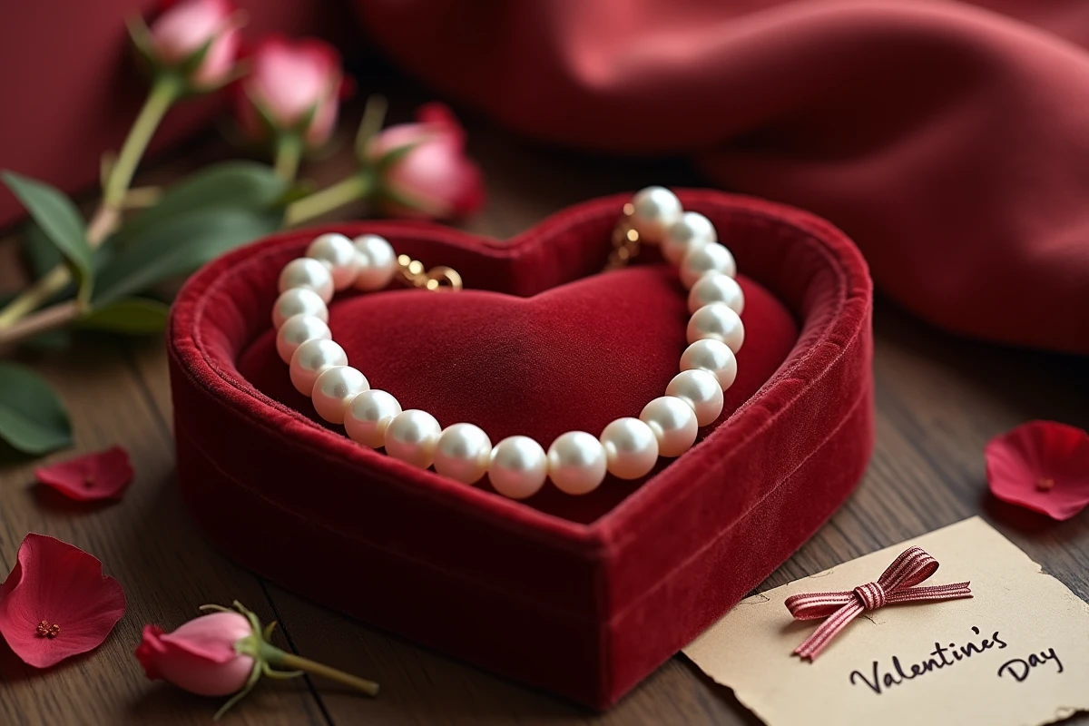 Collier de perles blanches posé dans un écrin en velours rouge entouré de roses séchées pour la Saint-Valentin