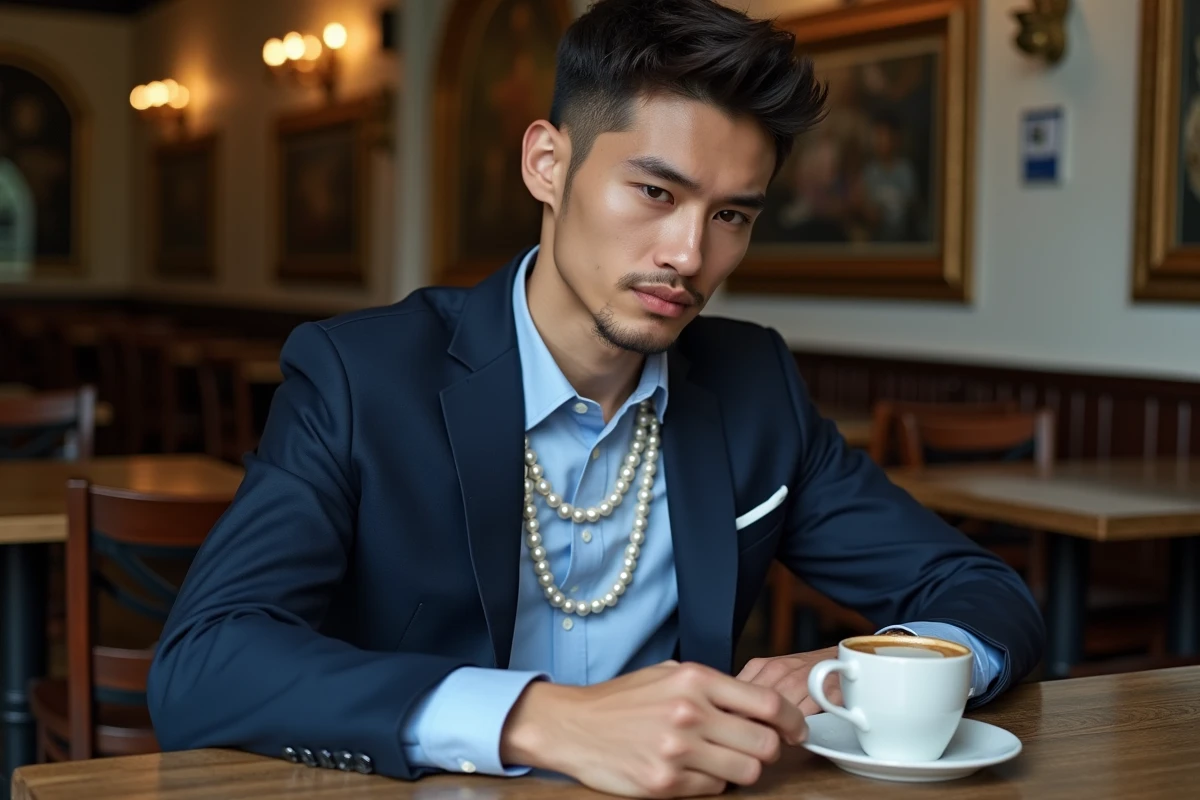 Homme en costume bleu marine avec collier de perles double rang assis dans un café parisien, look masculin tendance et raffiné