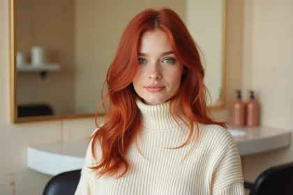 Femme aux cheveux rouge cerise avec une coloration forte, assise dans un salon de coiffure minimaliste au style scandinave