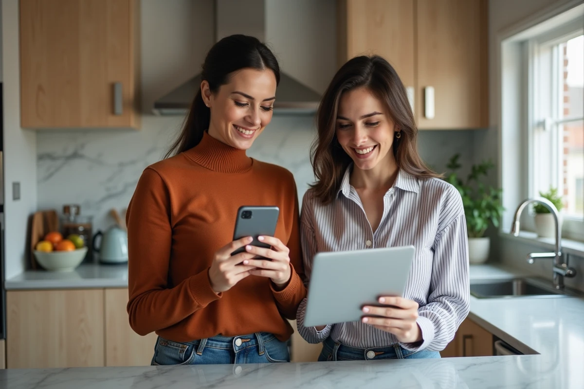 Deux femmes comparant l'application mobile et le site web The Bradery sur smartphone et tablette dans une cuisine moderne