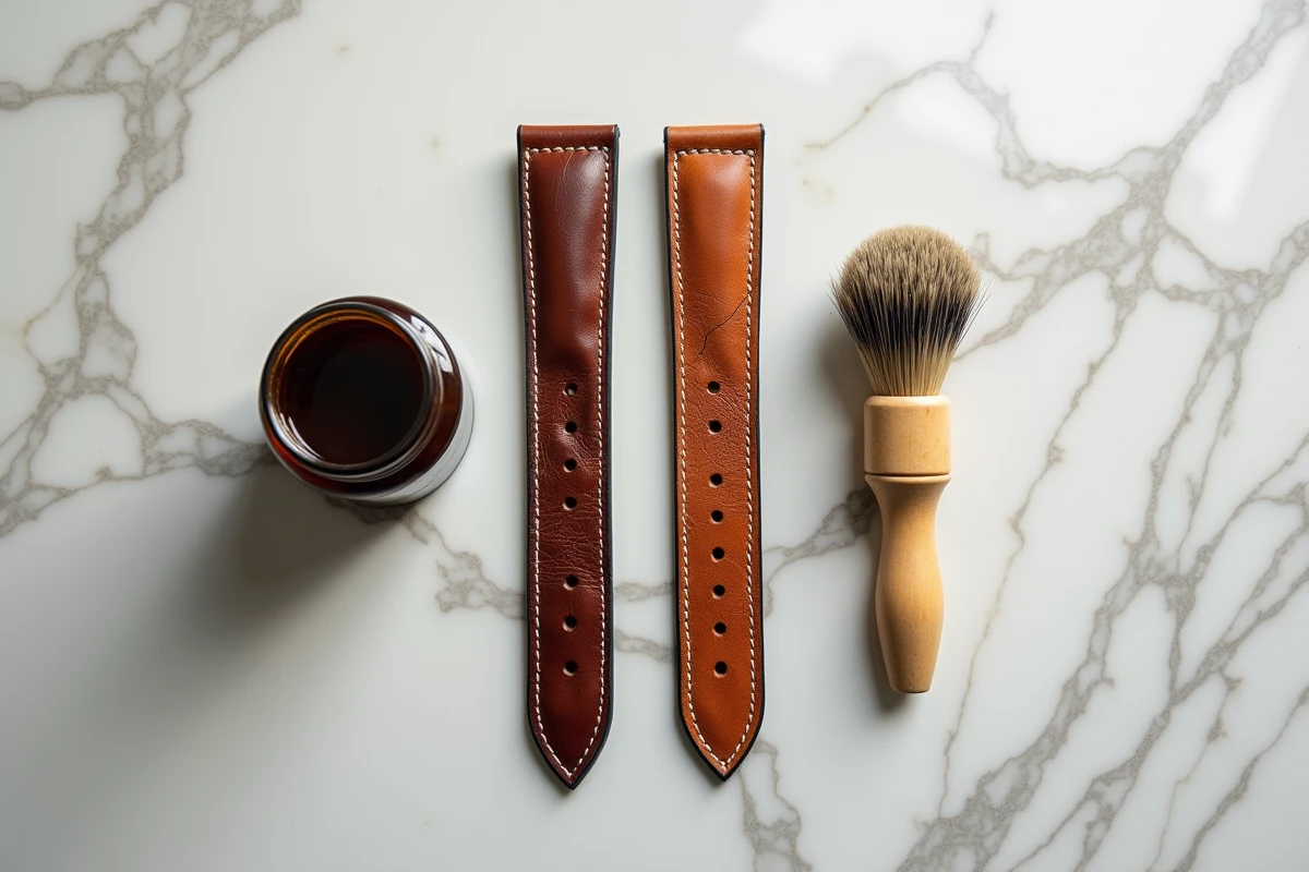 Comparaison de deux bracelets de montre en cuir, l'un usé et l'autre entretenu, avec des produits de soin sur marbre