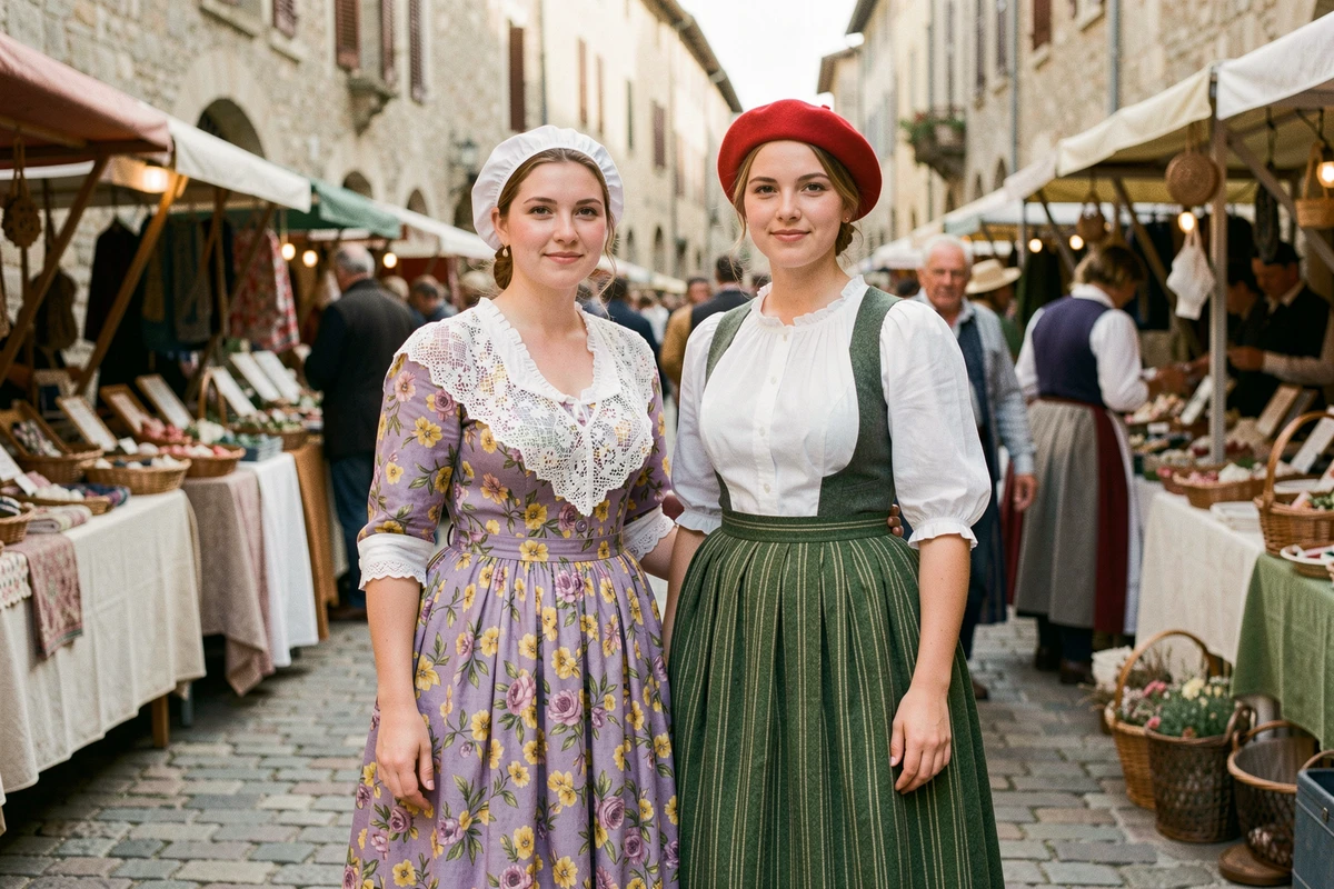 Deux femmes en costumes régionaux français comparés, l'une en tenue provençale et l'autre en tenue basque, dans un marché du patrimoine en plein air