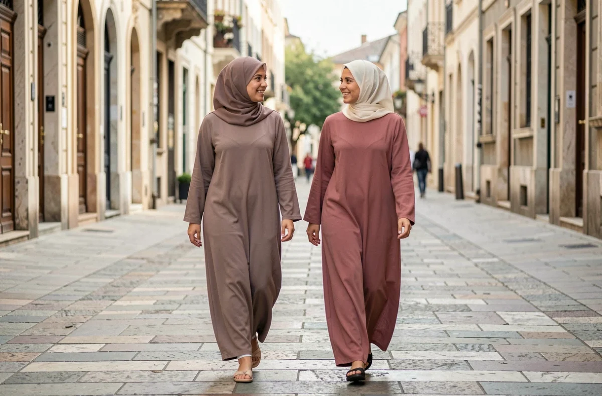 Deux femmes portant un djilbeb et une abaya se promenant et discutant dans une rue piétonne en ville