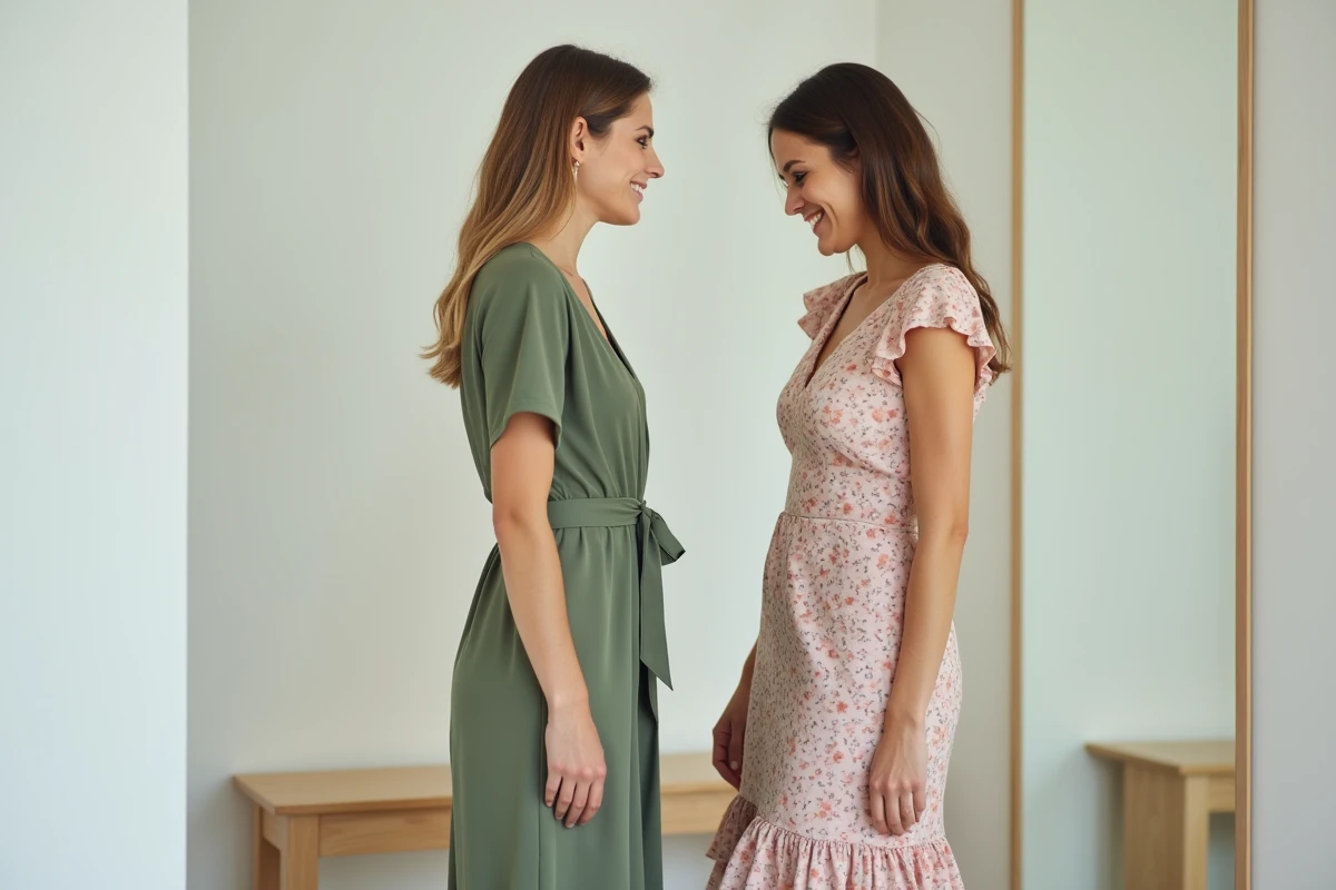 Comparaison robe portefeuille et robe évasée portées par deux femmes dans une cabine d'essayage élégante