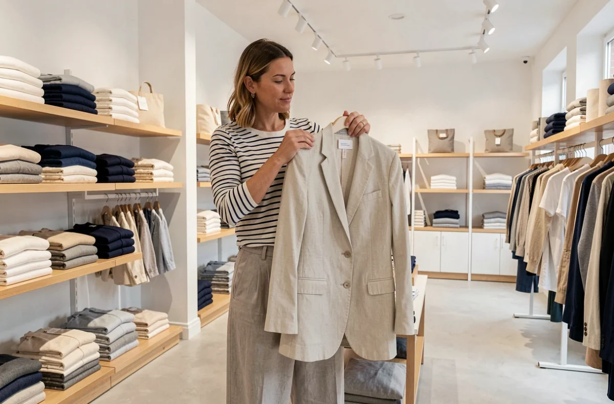 Intérieur minimaliste du Comptoir des Cotonniers à Besançon avec une femme inspectant un blazer en lin