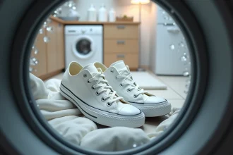 Converse blanches dans le tambour d'une machine à laver en cycle délicat avec sac de lavage