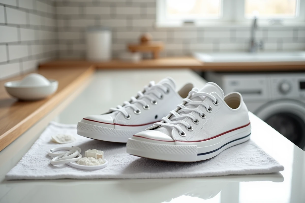 Converse blanches propres posées à plat pour sécher après un lavage en machine à laver
