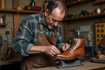Cordonnier expérimenté réparant une botte en cuir dans son atelier artisanal rempli d'outils traditionnels